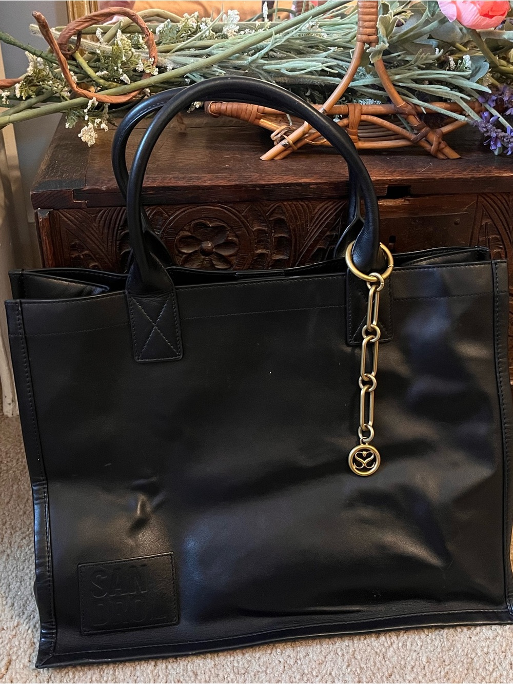 Black Leather Sandro Tote Bag with Gold Charm